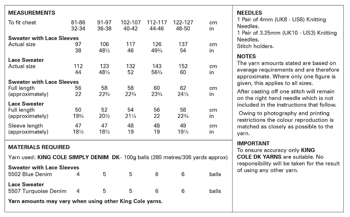 King Cole 6159 Double Knitting Pattern - Ladies DK Lace Sweaters