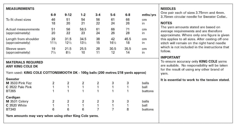 King Cole 6162 yarn requirements and measurements