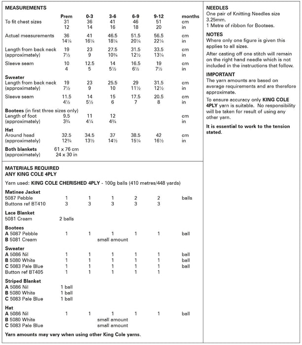 King Cole 6169 4Ply Knitting Pattern - Baby Blanket, Matinee Jacket, Sweater, Bootees & Hat (Prem to 1 yr)