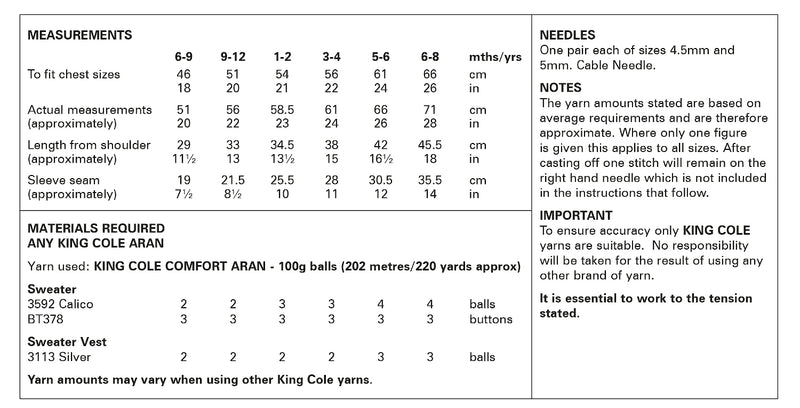 King Cole 6171 Aran Knitting Pattern - Sweater & Sweater Vest for Babies & Children (6mnths-8yrs)