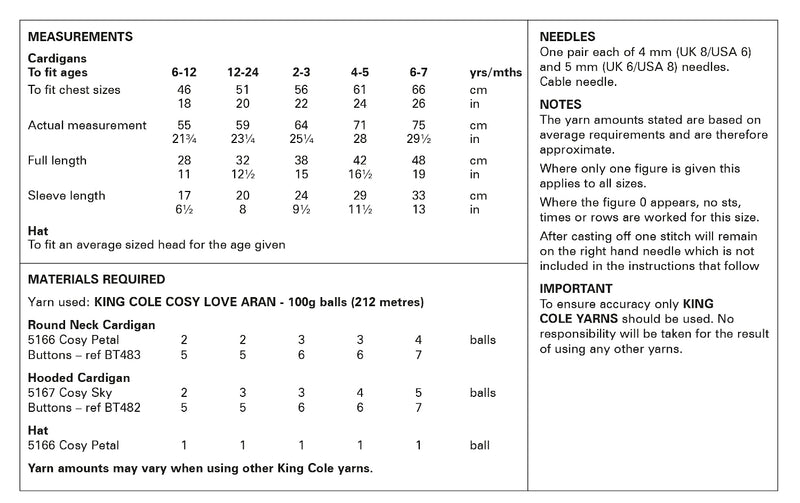 King Cole 6178 Aran Knitting Pattern - Cardigans & Hat (6 mnths - 7 Yrs)