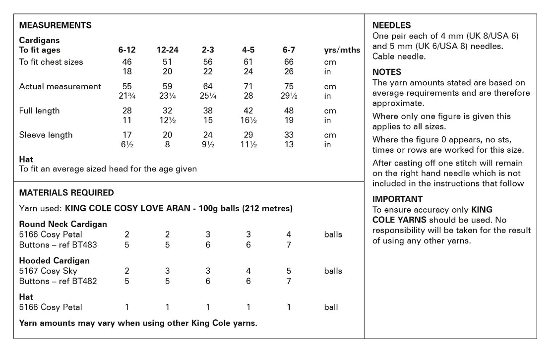 King Cole 6178 Aran Knitting Pattern - Cardigans & Hat (6 mnths - 7 Yrs)
