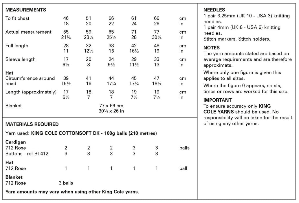 King Cole 6180 Double Knitting Pattern - Cotton DK Baby Cardigan, Hat & Blanket (18-26in)