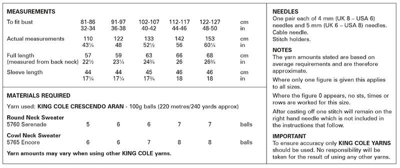 King Cole 6225 Aran Knitting Pattern - Ladies Sweaters (32-50in)