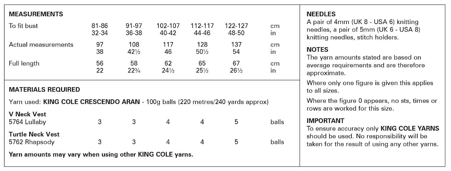 King Cole 6226 Aran Knitting Pattern - Ladies Vests (32-50in)