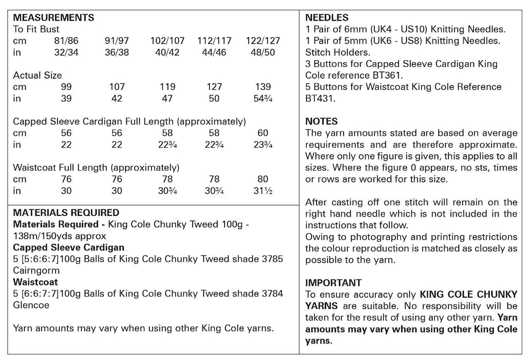 King Cole 6269 Chunky Knitting Pattern - Ladies Capped Sleeve Cardigan & Waistcoat (32-50in)