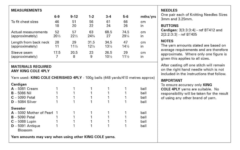 King Cole 6325 4ply Knitting Pattern - Baby / Children's Cardigan & Sweater (6mnth - 6yrs)