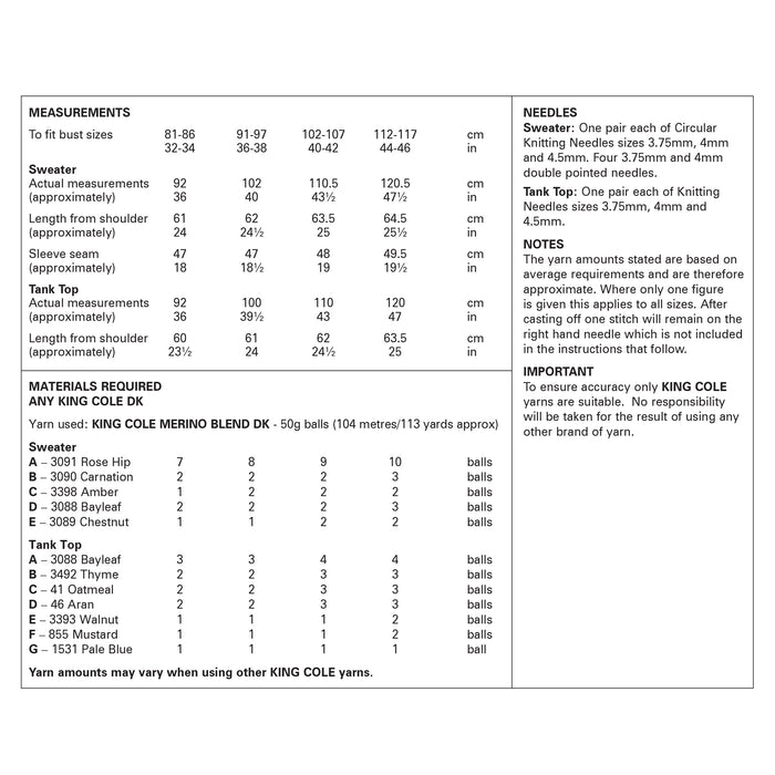 King Cole 6364 Double Knitting Pattern - DK Ladies Fair Isle Sweater and Tank Top (32-46 in)