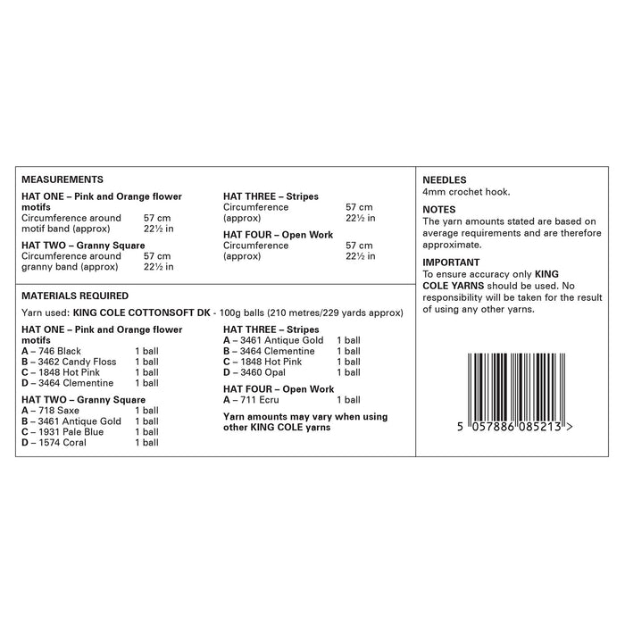 King Cole 6398 CROCHET Pattern - Ladies Cotton DK Bucket Hats