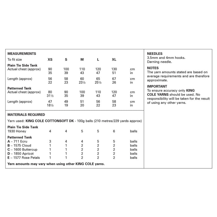 King Cole 6399 CROCHET Pattern - Ladies Cotton DK Tank Tops