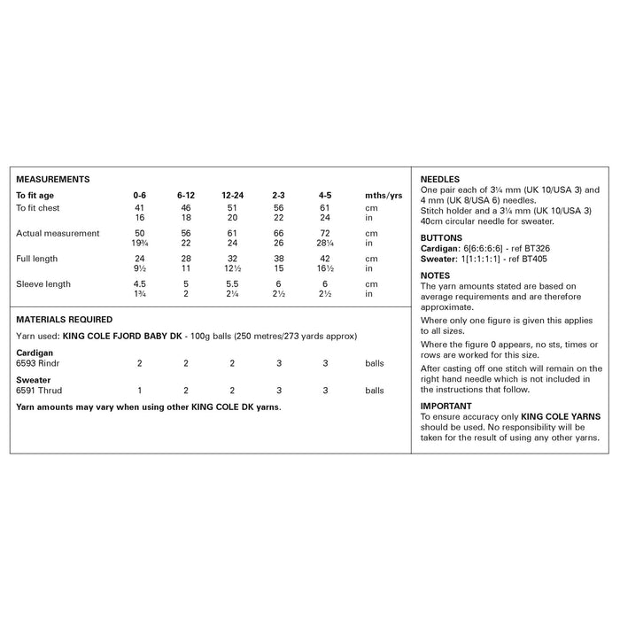 King Cole 6465 pattern requirements