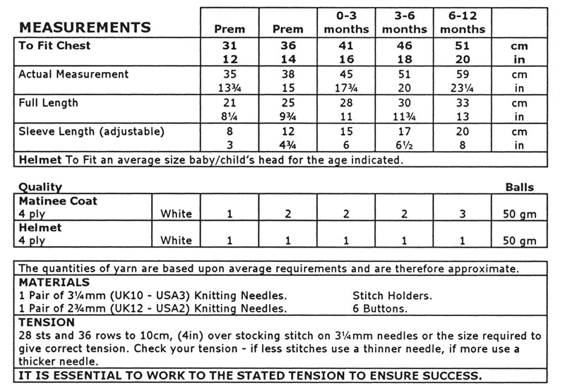 UKHKA 18 4Ply Knitting Pattern - Baby Matinee Coat & Helmet (Prem to 1 Yr)