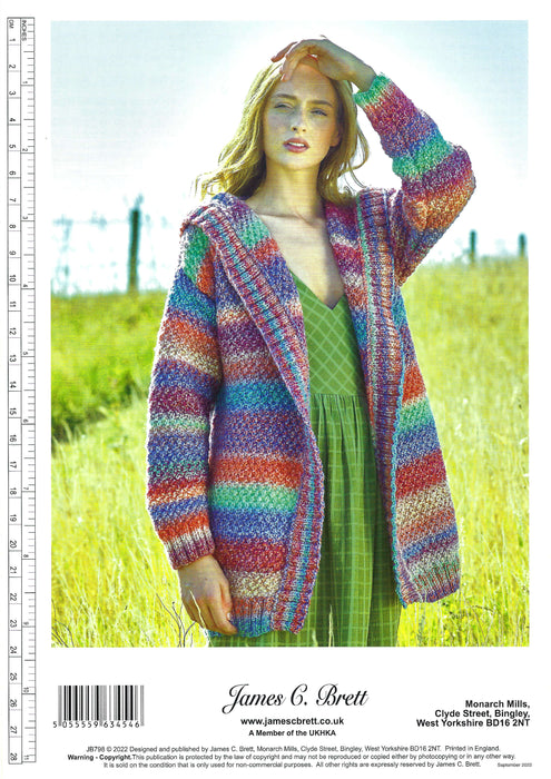 James C Brett JB798 Chunky Knitting Pattern - Ladies Hooded Cardigan - Intermediate Knit