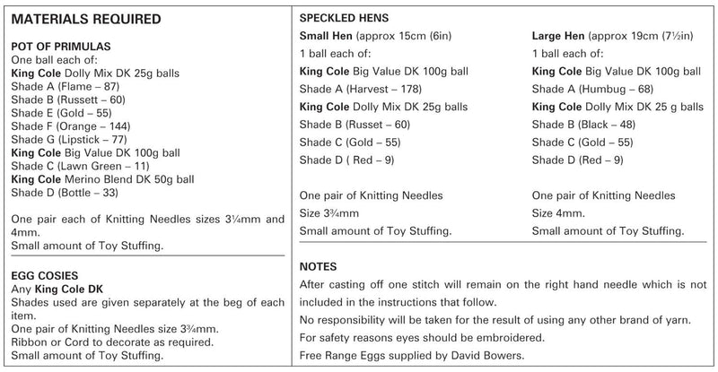 King Cole 9000 Spring Collection Knitting Pattern - Egg Cosies, Speckled Hens & Primula
