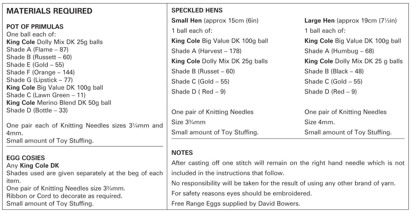 King Cole 9000 Spring Collection Knitting Pattern - Egg Cosies, Speckled Hens & Primula