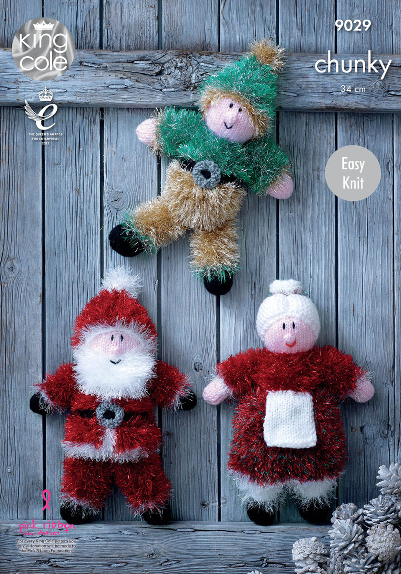 King Cole 9029 Christmas Toys Knitting Pattern - Easy Knit Santa, Mrs Claus & Elf using Tinsel Chunky