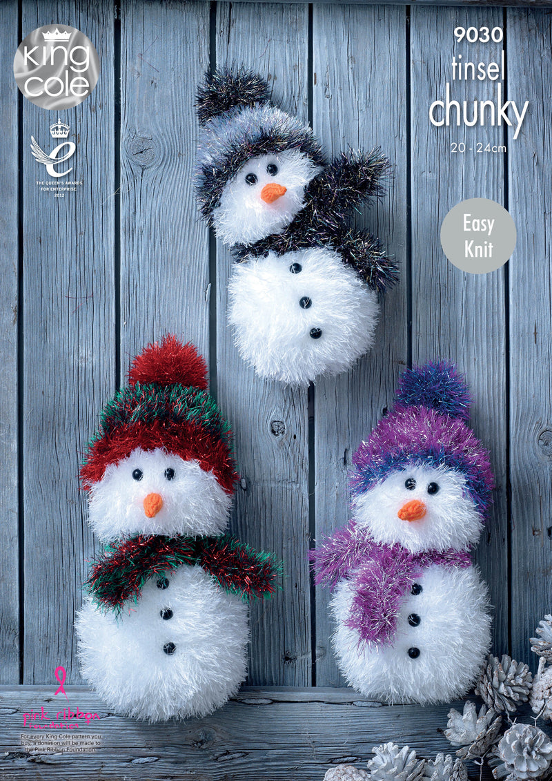 King Cole 9030 Christmas Knitting Pattern - Easy Knit Snowmen using Tinsel Chunky