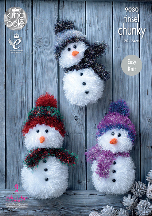 King Cole 9030 Christmas Knitting Pattern - Easy Knit Snowmen - Tinsel & DK Yarn