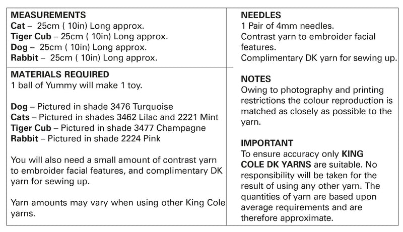 King Cole 9061 Knitting Pattern - Laying Toys Knitted in Yummy