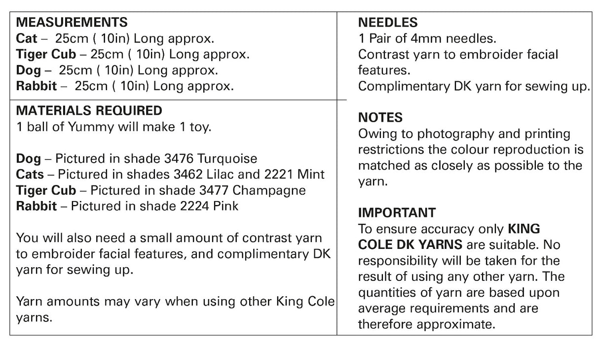 King Cole 9061 Knitting Pattern - Laying Toys Knitted in Yummy