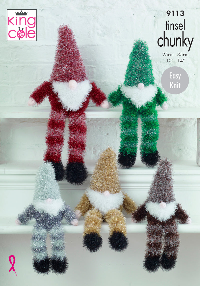 King Cole 9113 Christmas Knitting Pattern - Easy Knit Gnomes using Tinsel Chunky