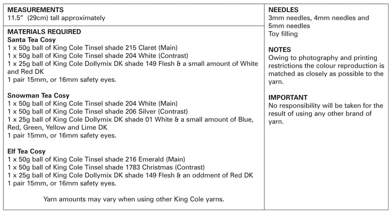 King Cole 9118 Christmas Knitting Pattern - Tea Cosies using Tinsel Chunky (Discontinued)