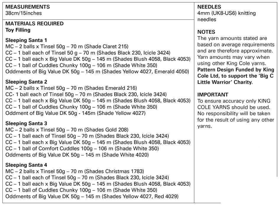King Cole 9163 Christmas Knitting Pattern - Sleeping Santas - Tinsel & DK Yarn