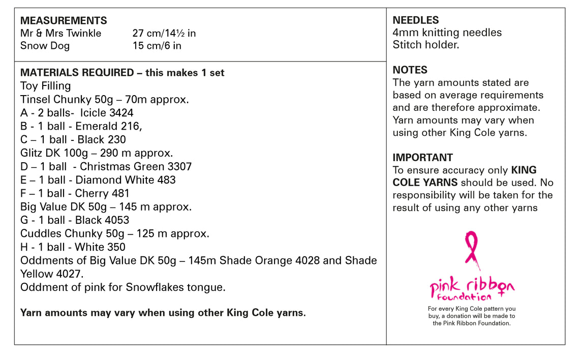 King Cole 9168 Christmas Knitting Pattern - Mr & Mrs Twinkle & Snowflake Toys