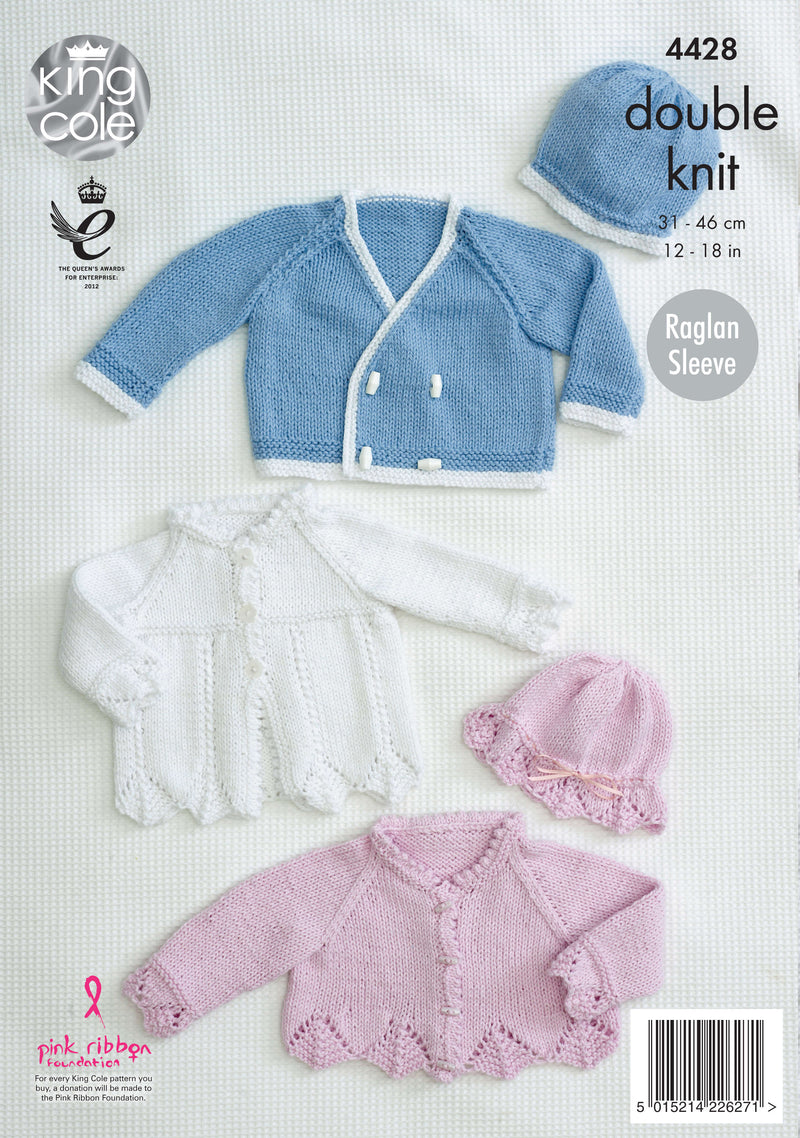 King Cole 4428 DK Knitting Pattern - Cotton DK Matinee Coat, Cardigan, Jacket & Hats (Prem - 9 mnths)