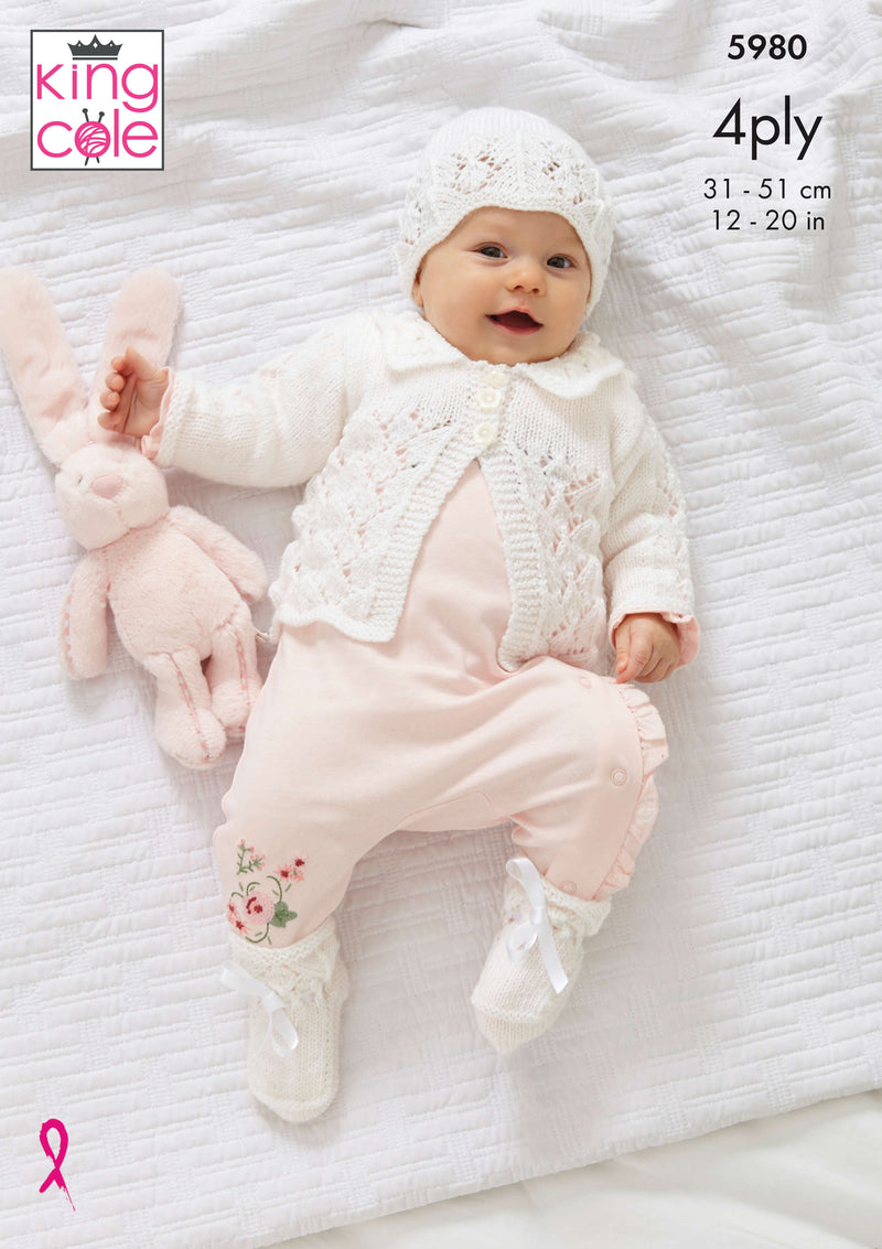 King Cole 5980 Baby Knitting Pattern - 4Ply Baby Shawl, Matinee Coat, Dress, Hat & Bootees (Prem - 12mnths)