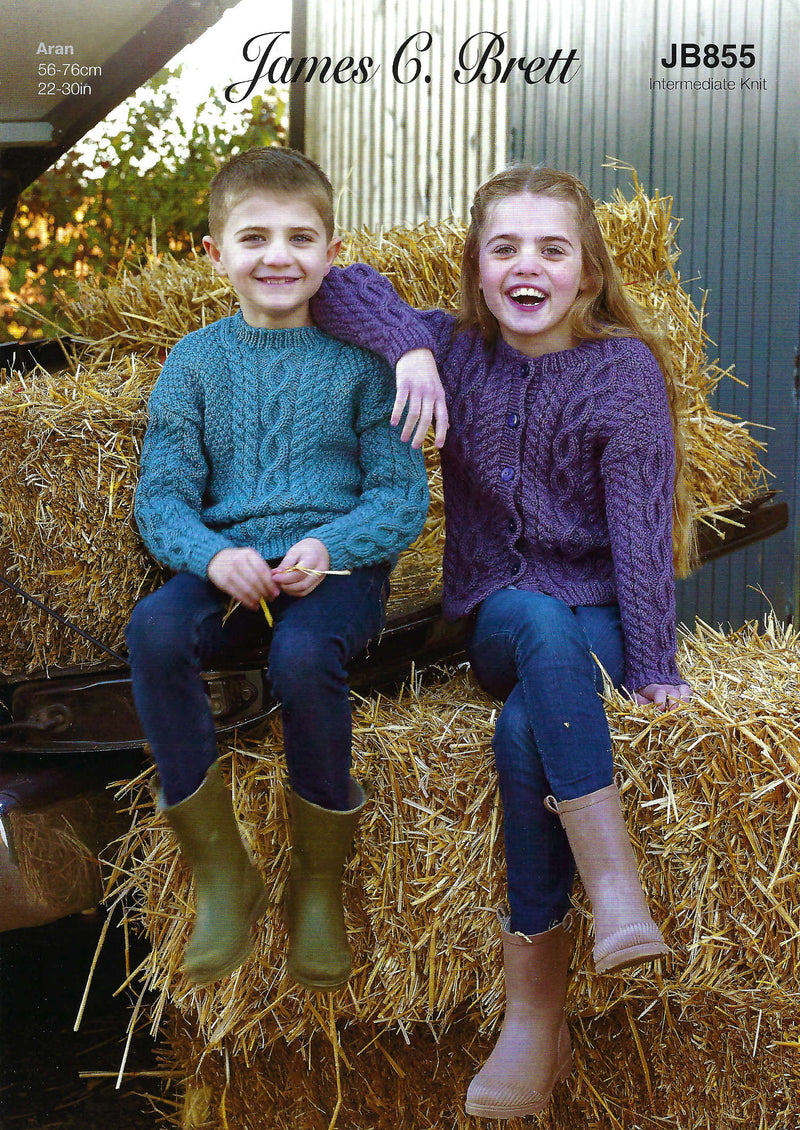 James C Brett JB855 Aran Knitting Pattern - Children's Cardigan & Sweater (22 - 30 in)