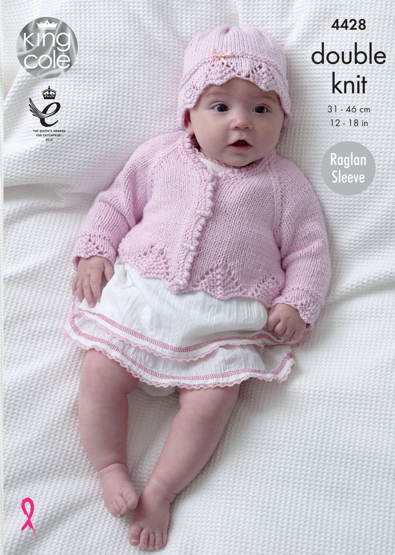 King Cole 4428 DK Knitting Pattern - Cotton DK Matinee Coat, Cardigan, Jacket & Hats (Prem - 9 mnths)