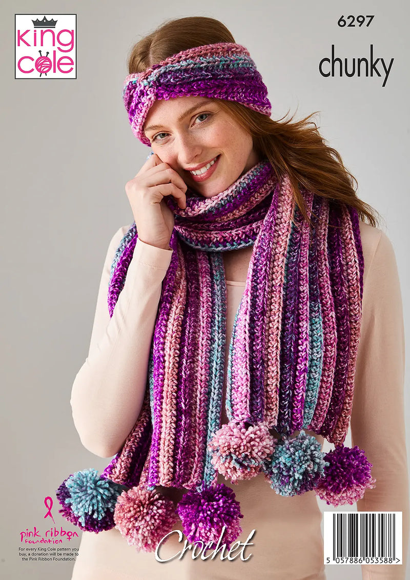 King Cole 6297 CROCHET Pattern - Ladies Chunky Hat, Scarves and Headband