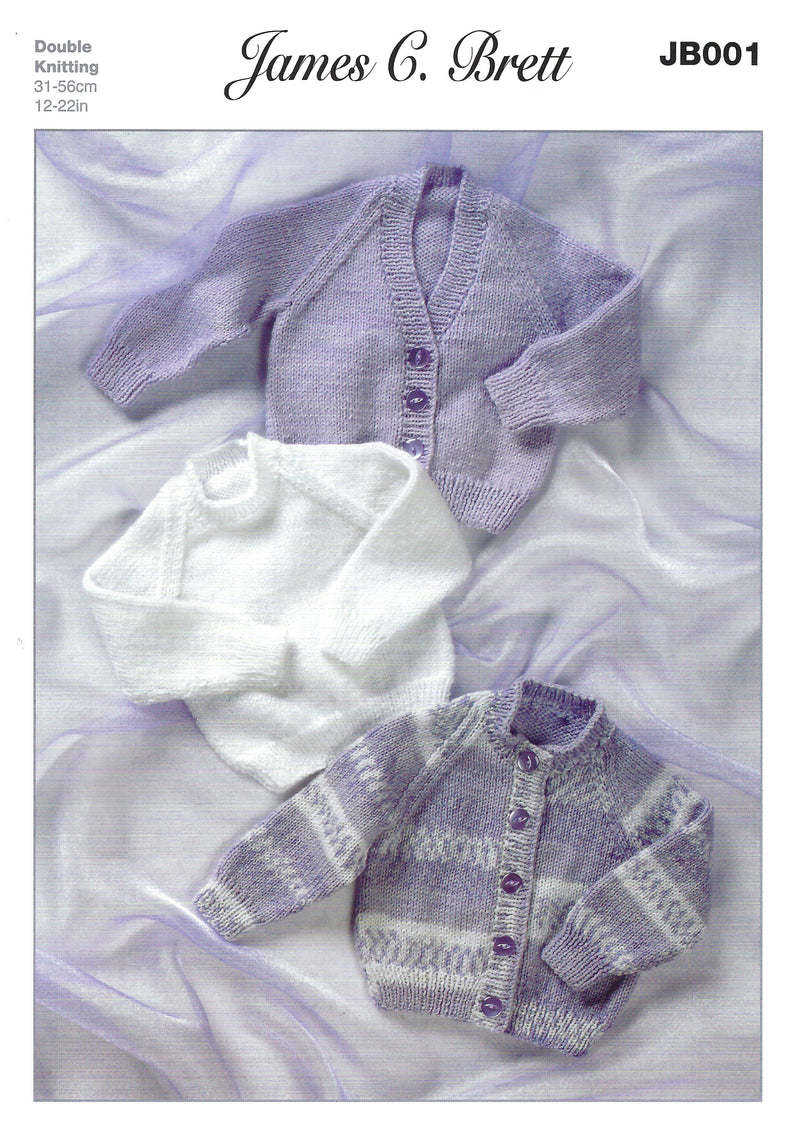 James C Brett JB001 Double Knitting Pattern - Baby Cardigans & Sweater DK (12-22 in)