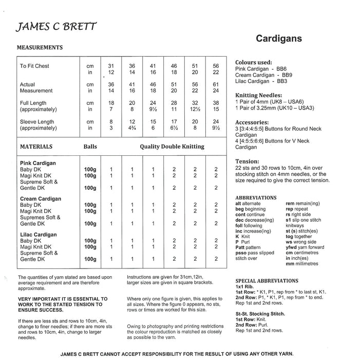 James C Brett JB005 Double Knitting Pattern - Baby Cardigans DK (12-22 in)