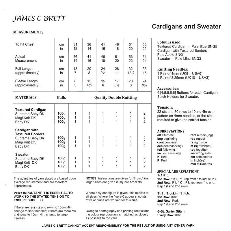 James C Brett JB007 Double Knitting Pattern - Baby Cardigans & Sweater DK (12-22 in)