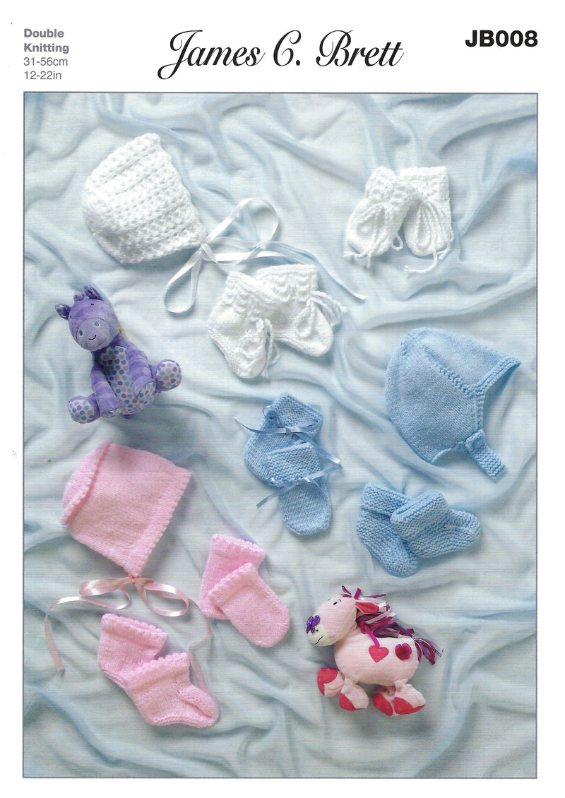 James C Brett JB008 Double Knitting Pattern - Baby DK Helmet, Bonnets, Mittens & Bootees