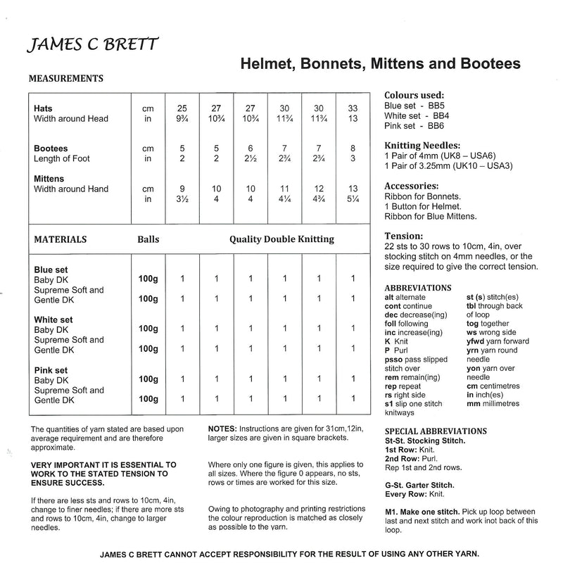 James C Brett JB008 Double Knitting Pattern - Baby DK Helmet, Bonnets, Mittens & Bootees