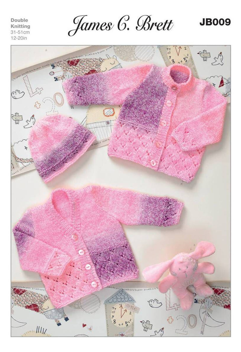 James C Brett JB009 Double Knitting Pattern - Baby Cardigans & Hat DK (12-20 in)