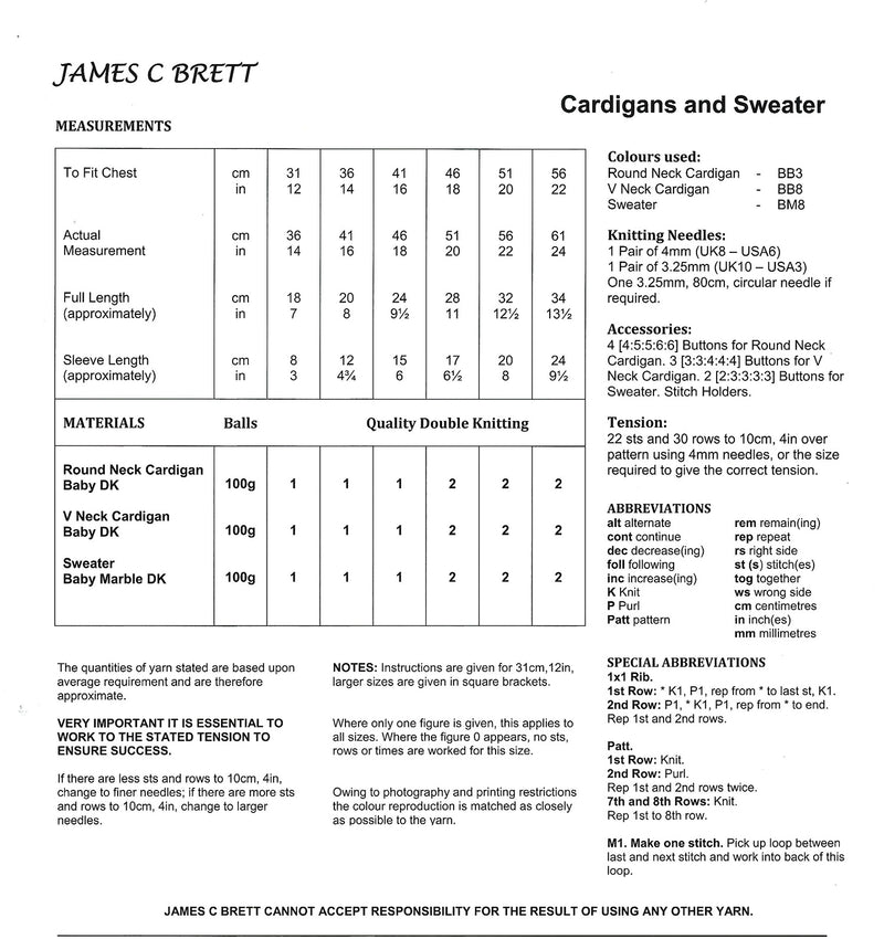 James C Brett JB027 Double Knitting Pattern - Baby Cardigans & Sweater DK (12-22 in)