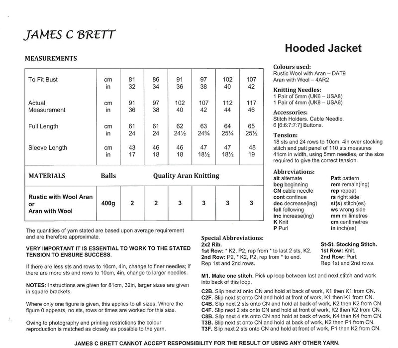 James C Brett JB045 Aran Knitting Pattern for Ladies - Hooded Jacket