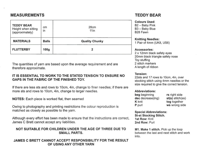 James C Brett JB1013 Teddy Bear Knitting Pattern