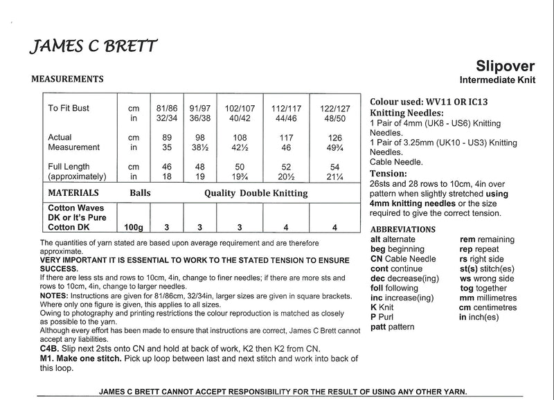 James C Brett JB1019 Ladies DK Slipover / Vest Top Knitting Pattern (32-50in)