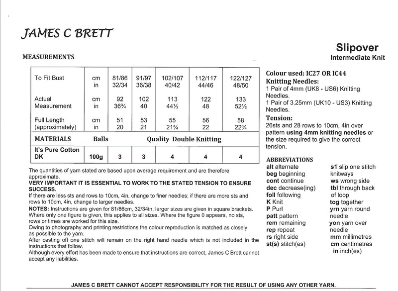 James C Brett JB1023 Ladies DK Slipover Vest Top Knitting Pattern (32–50in)