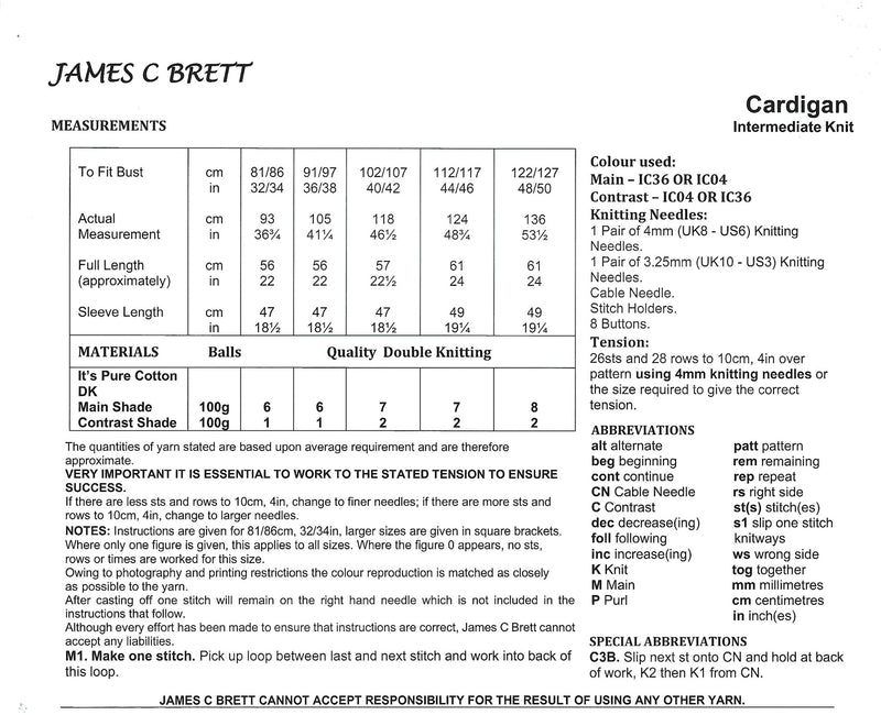 James C Brett JB1024 Ladies DK Cardigan Knitting Pattern (32-50in)
