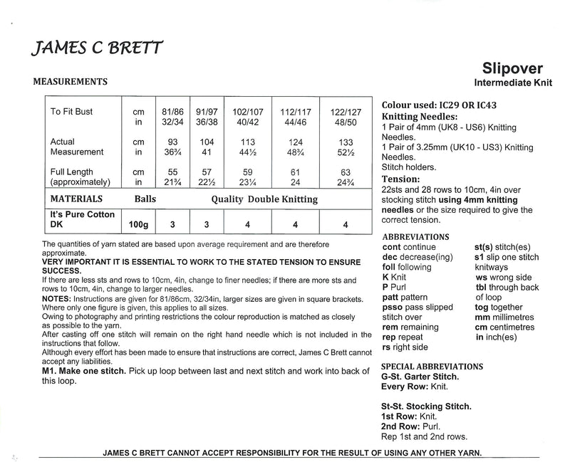 James C Brett JB1025 Ladies DK Slipover / Sleeveless Top Knitting Pattern (32-50in)