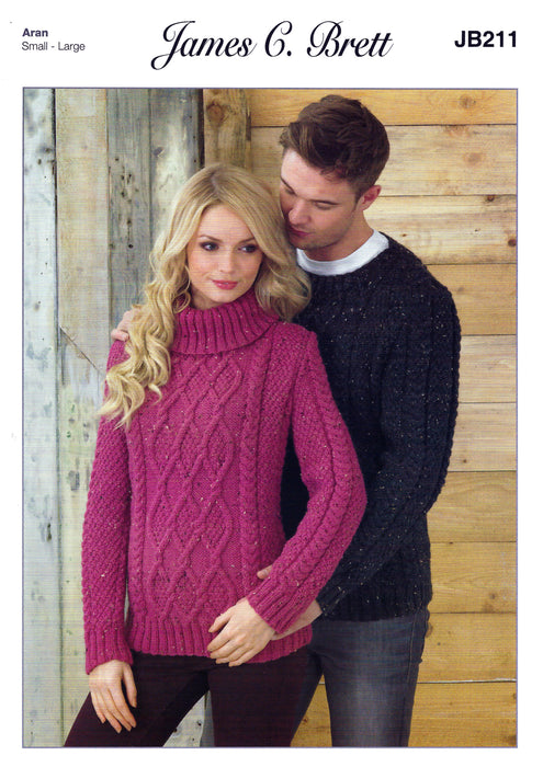 James C Brett JB211 Aran Knitting Pattern - Ladies / Mens Sweaters