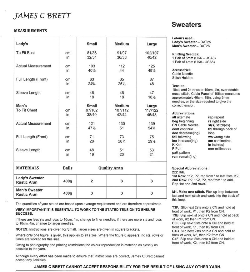 James C Brett JB211 Aran Knitting Pattern - Ladies / Mens Sweaters