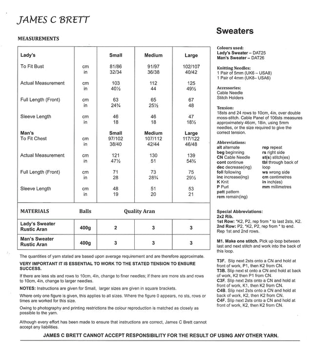 James C Brett JB211 Aran Knitting Pattern - Ladies / Mens Sweaters
