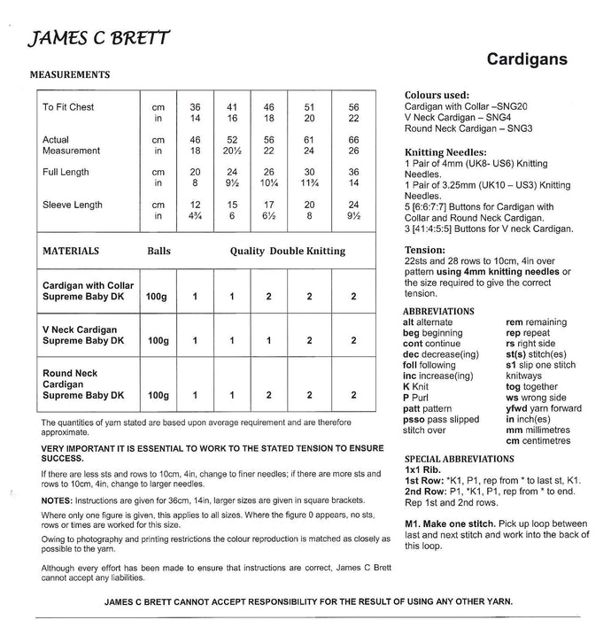 James C Brett JB445 Double Knitting Pattern - Baby Cardigans DK (14-22 in)